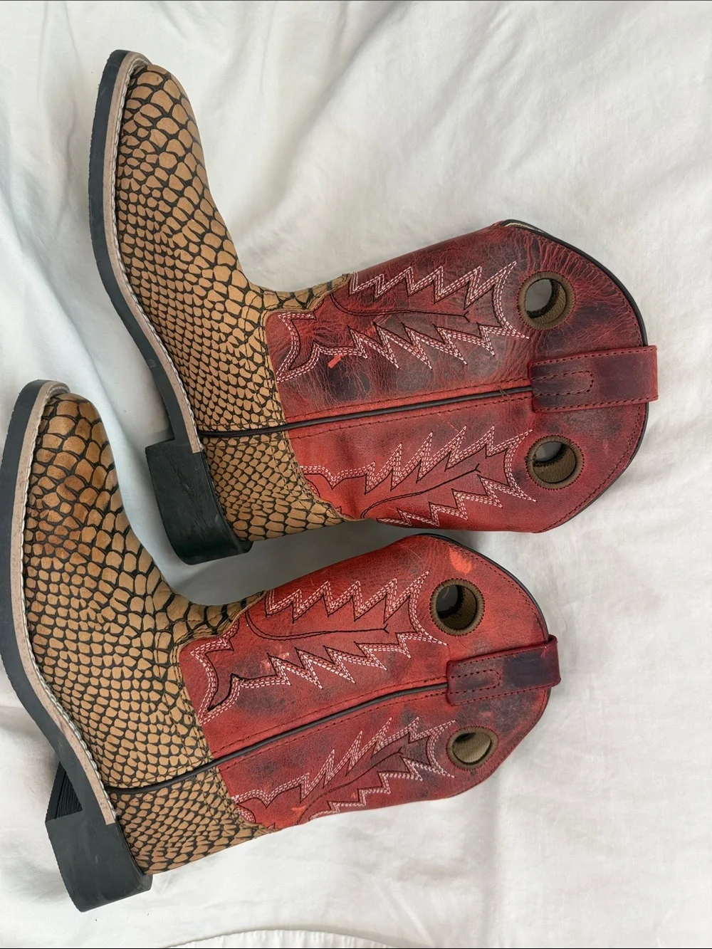 Kids Pull-On Western Boots in Red and Brown with Textured snakeskin like base